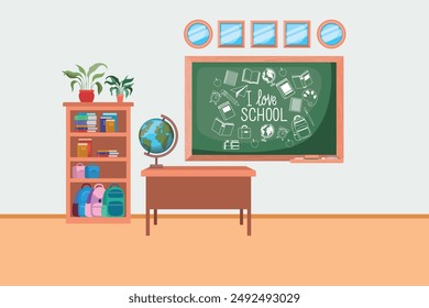 Classroom interior, classroom with teacher's table, students desks, blackboard with geometric tasks and rulers, cupboard with textbooks, study posters, vector illustration