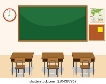 Classroom interior, classroom with teacher's table, students desks, blackboard with geometric tasks and rulers, cupboard with textbooks, study posters, vector illustration