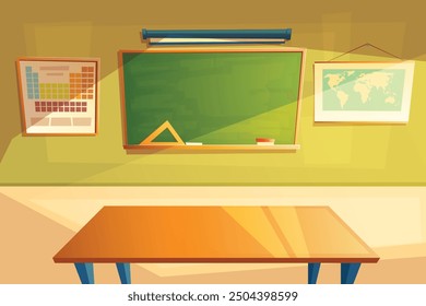 Classroom interior, classroom with teacher's table, students desks, blackboard with geometric tasks and rulers, cupboard with textbooks, study posters, vector illustration