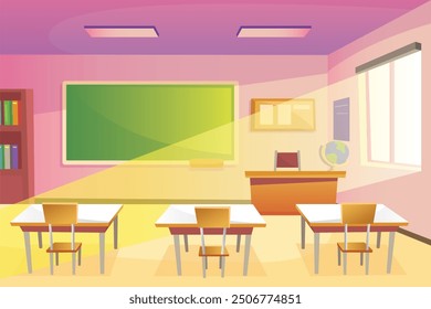 Classroom interior, classroom with teacher's table, students desks, blackboard with geometric tasks and rulers, cupboard with textbooks, study posters, vector 