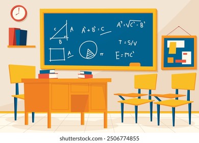 Classroom interior, classroom with teacher's table, students desks, blackboard with geometric tasks and rulers, cupboard with textbooks, study posters, vector 