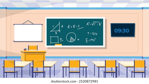 Classroom interior, classroom with teacher's table, students desks, blackboard with geometric tasks and rulers, cupboard with textbooks, study posters