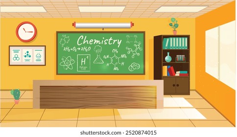 Interior del aula, aula con mesa del profesor, pupitres de los estudiantes, pizarra con tareas geométricas y Reglas, armario con libros de texto, carteles de estudio, Vector