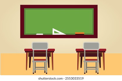 Classroom interior, classroom with teacher's table, students desks, blackboard with geometric tasks and rulers, cupboard with textbooks, study posters, vector illustration