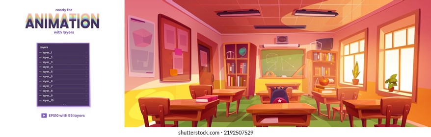 Classroom interior template ready for animation with separated layers. School class room with teacher table, student desks, blackboard, cupboard with textbooks, Cartoon vector parallax background