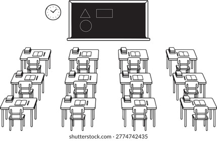 Classroom interior vector black silhouette benches blackboard clock vector