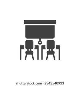Classroom interior vector icon. Chairs with desk and whiteboard filled flat sign for mobile concept and web design. School classroom glyph icon. Symbol, logo illustration. Vector graphics