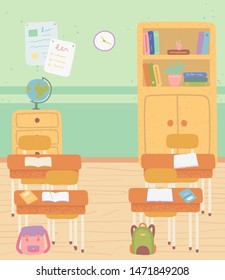 Classroom interior vector, room with desks and school supply, globe and shelves with books. Satchels bags of students, workplace with textbooks and pens. Back to school concept. Flat cartoon