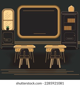 Classroom Interior View With Separate Student Desk, Empty Board, Cabinet And Bookshelves.
