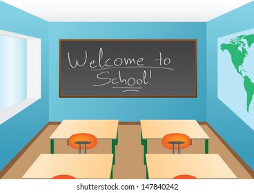 Classroom interior with a welcome greeting on the blackboard
