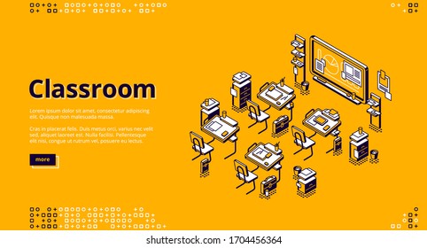 Classroom Isometric Landing Page, School Or University Class Room Empty Interior With Desks And Blackboard With Diagrams And Pie Chart. Educational Place With Seats And Chalkboard 3d Vector Web Banner