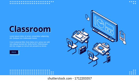 Classroom Isometric Landing Page, School Or University Class Room Empty Interior With Desks And Blackboard With Diagrams And Pie Chart. Educational Place With Seats And Chalkboard 3d Vector Web Banner