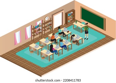 Classroom isometric with students, books and bookshelves 