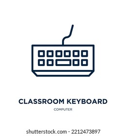 icono de teclado en aula de la colección de equipos. Teclado lineal delgado, educación, icono de contorno de teclado aislado en fondo blanco. Signo de teclado en aula de vector de línea, símbolo para web y