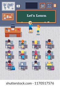 Classroom with kids. Teacher or professor teaches students in school class or little children. Student learn on lessons. Pupils study in classroom interior. Vector pixel art illustration.