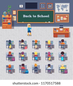 Classroom with kids. Teacher or professor teaches students in first grade school class or little children. Student learn on lessons. Pupils study in classroom interior. Pixel art vector illustration.