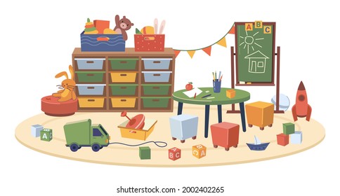 Classroom of kindergarten interior design, isolated room with furniture and toys for children. Playroom with chalkboard, cabinets and table. Playschool montessori system. Flat cartoon vector