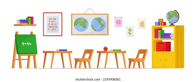 Unterrichtsraum oder Kindergarten Innenausstattung Vektorgrafiken Set. Möbel für Studienzimmer in Kindergarten oder Grundschule, Spielzeugwürfel für Kinder auf weißem Hintergrund. Bildung, Möbelkonzept