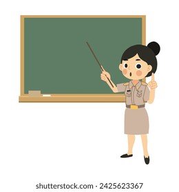 Classroom Learning. Asian Woman Educator Teaching with Pointer Stick and Chalkboard.
