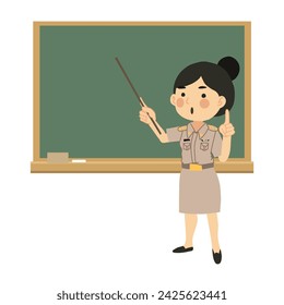 Classroom Learning. Asian Woman Educator Teaching with Pointer Stick and Chalkboard.