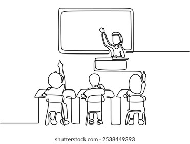 Aprendizagem em sala de aula ilustrada em desenho contínuo de uma linha. Professor com alunos, enfatizando o conceito de educação interativa.
