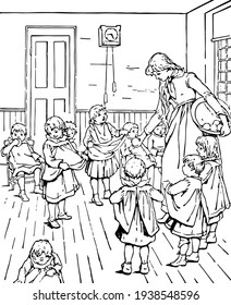 Classroom or lesson about apples, vintage engraving.