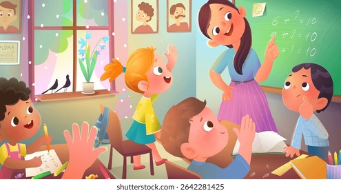 Classroom lesson with students raised hands and teacher at blackboard. Young boy answering math homework in front of the class. Fun vector cartoon illustration for children and kids education