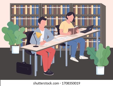 Classroom, library flat color vector illustration. Studying classmates, university students 2D cartoon characters with bookcases on background. College education, exams preparation, knowledge gaining
