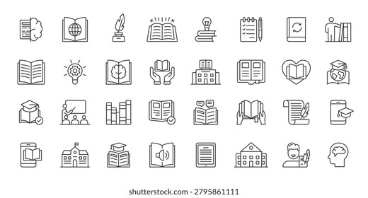 Classroom and Library icons in line design. classroom, library, education, books, student, teacher, learning on white background vector. Classroom and Library editable stroke icons.