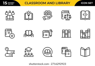 Classroom and Library line icon set. Quiet area badge, library tag, group study file, classroom environment board, study room chart. Thin outline icons pack. Vector illustration