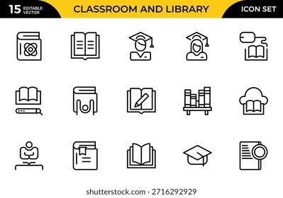 Classroom and Library line icon set. Quiet area badge, library tag, group study file, classroom environment board, study room chart. Thin outline icons pack. Vector illustration
