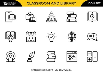 Conjunto de iconos de salón de clases y línea de Biblioteca. Insignia de área tranquila, etiqueta de Biblioteca, archivo de estudio de grupo, tablero de entorno de la clase, tabla de sala de estudio. Paquete de iconos de contorno delgado. Ilustración vectorial
