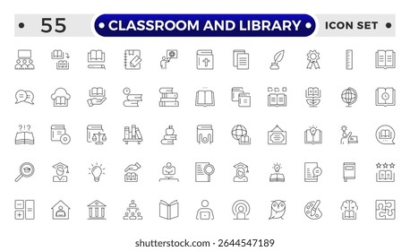 Classroom and Library Outline icon set. study space icon, quiet area badge, library tag, group study file, classroom environment board, study room chart, productive space bubble, academic setting.
