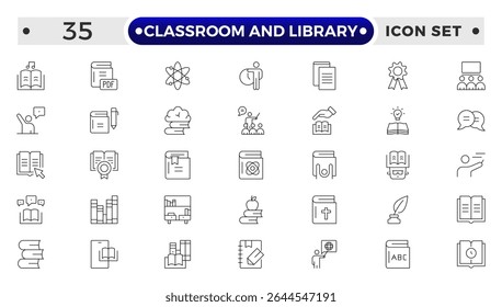 Classroom and Library Outline icon set. study space icon, quiet area badge, library tag, group study file, classroom environment board, study room chart, productive space bubble, academic setting.

