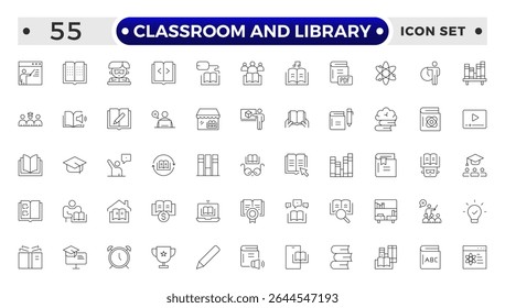 Classroom and Library Outline icon set. study space icon, quiet area badge, library tag, group study file, classroom environment board, study room chart, productive space bubble, academic setting.
