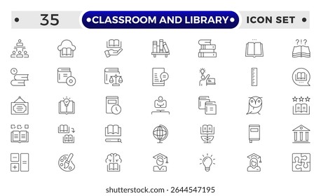 Classroom and Library Outline icon set. study space icon, quiet area badge, library tag, group study file, classroom environment board, study room chart, productive space bubble, academic setting.
