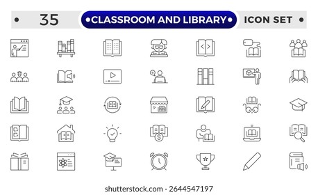 Classroom and Library Outline icon set. study space icon, quiet area badge, library tag, group study file, classroom environment board, study room chart, productive space bubble, academic setting.
