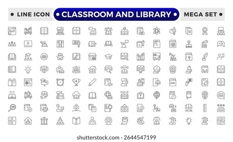 Classroom and Library Outline icon set. study space icon, quiet area badge, library tag, group study file, classroom environment board, study room chart, productive space bubble, academic setting.

