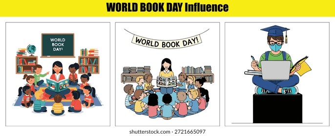 Classroom and library scenes celebrating World Book Day with children and teachers