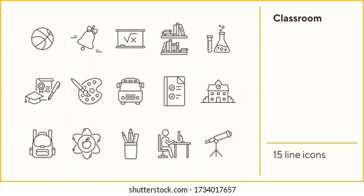 Conjunto de iconos de línea del aula. Asunto, tarea, conocimiento. Concepto de educación. Se puede usar para temas como el estudio, la escuela, la universidad