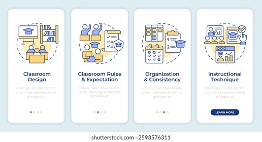 Classroom management components onboarding mobile app screen. Walkthrough 4 steps editable graphic instructions with linear concepts. UI, UX, GUI template
