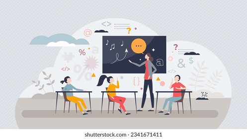 Classroom management and education teaching process tiny person concept. School kids with knowledge lessons and cognitive encouragement from teacher vector illustration. Academic pupil communication.