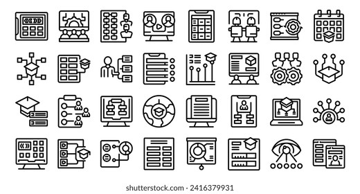 Los iconos del software de administración de aula establecen el vector de contorno. La escuela de la gente. Espacio de ordenador
