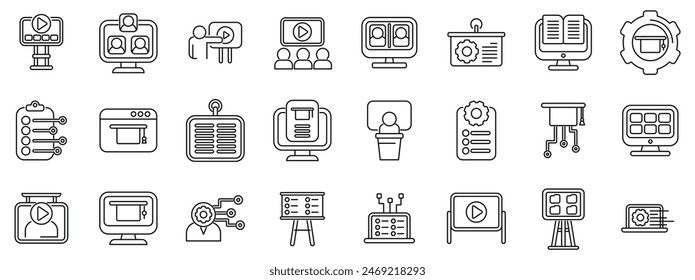 Classroom management software icons set vector. A set of icons for a computer screen. The icons include a computer monitor, keyboard, mouse, and a projector