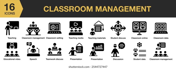 Classroom Management solid icon set. Includes classroom management, student discuss, teaching, presentation, speech, online, and More. Solid icons vector collection.