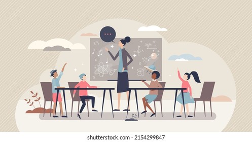 Classroom Management To Teach Class Culture And Behavior Tiny Person Concept. Kids Knowledge Learning Culture With Teacher Encouragement To Share Information And Ask Questions Vector Illustration.