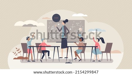 Classroom management to teach class culture and behavior tiny person concept. Kids knowledge learning culture with teacher encouragement to share information and ask questions vector illustration.