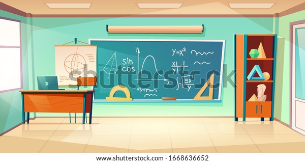 Classroom for math learning\
with formula on chalkboard. Vector cartoon illustration of empty\
school class interior for mathematics, geometry and algebra\
learning