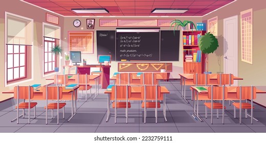 Classroom for math learning interior with teacher and students desks, chalkboard with equations and formulas, bookcase and rulers, vector cartoon illustration