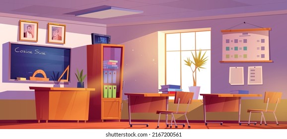 Classroom for math learning in school. Vector cartoon illustration of empty class interior, blackboard with inscription Sine, Cosine, triangle and protractor, furniture and bookcase